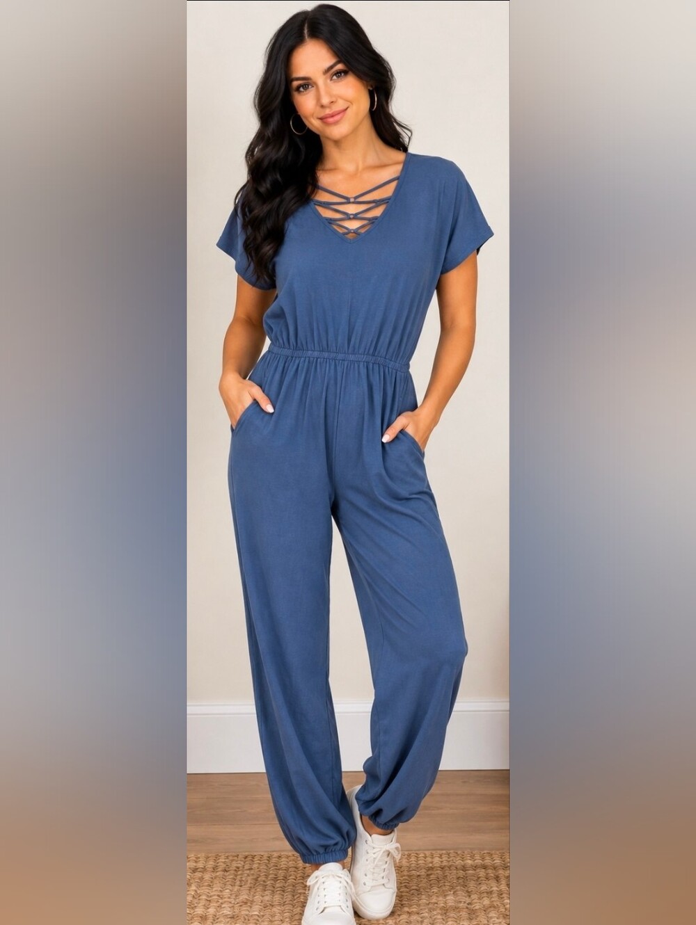 Versona Blue Gathered-Waist Short Sleeve Jumpsuit